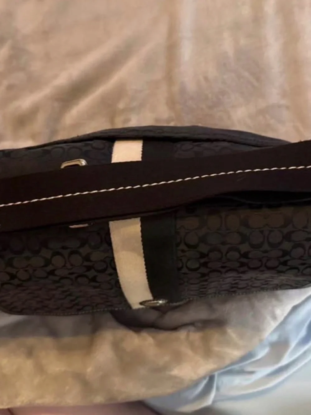 Coach Black Signature Canvas Messenger with Cream Center Stripe